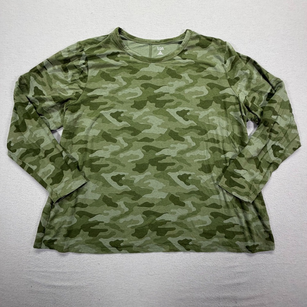 A.N.A Camo Long Sleeve Tee Women 3X Good Green Crew Neck Cotton Blend Stretch